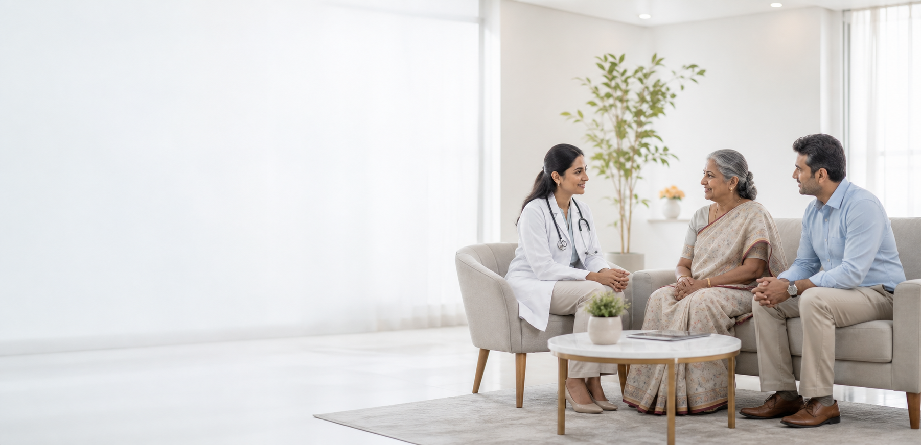 Indian doctor speaking with an older woman patient and her family in a bright clinic