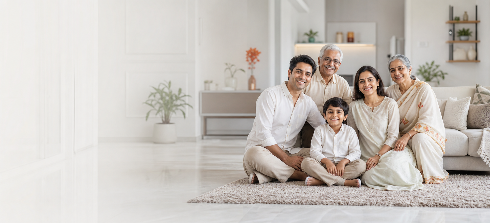 A multigenerational Indian family together in a bright home