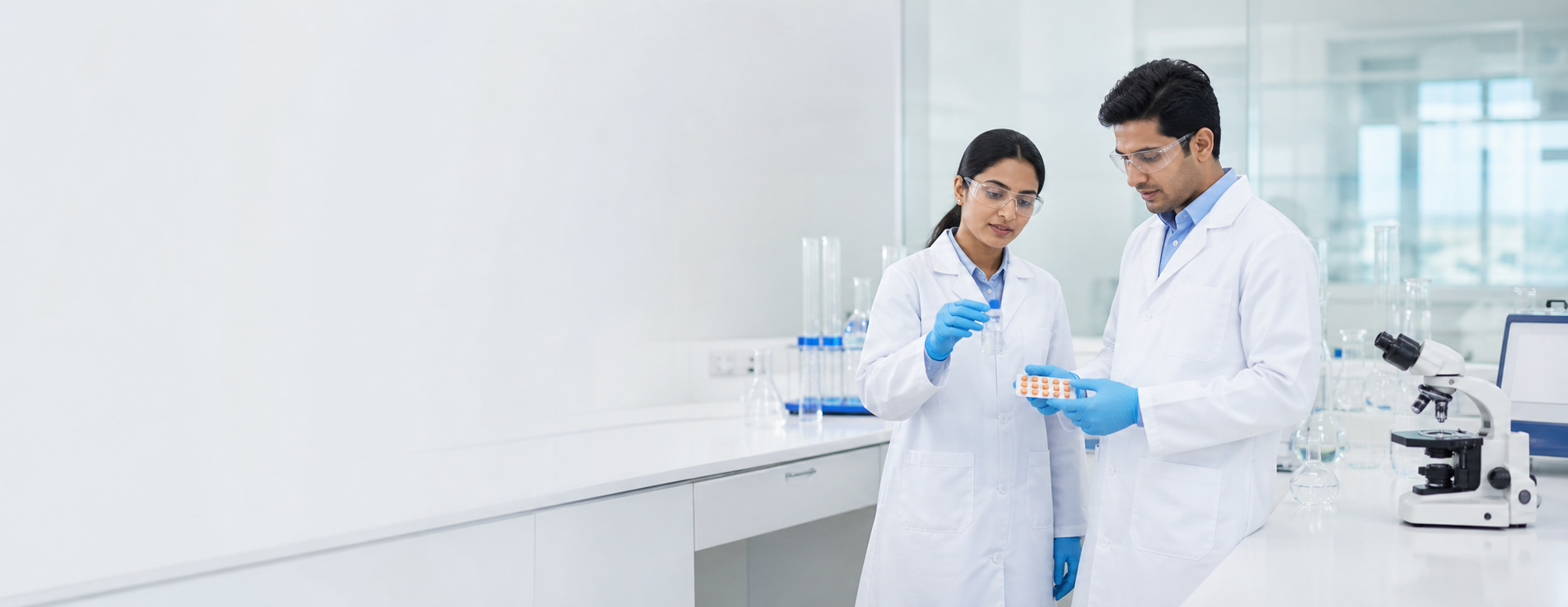 Two Indian pharmaceutical scientists reviewing a sample in a bright laboratory