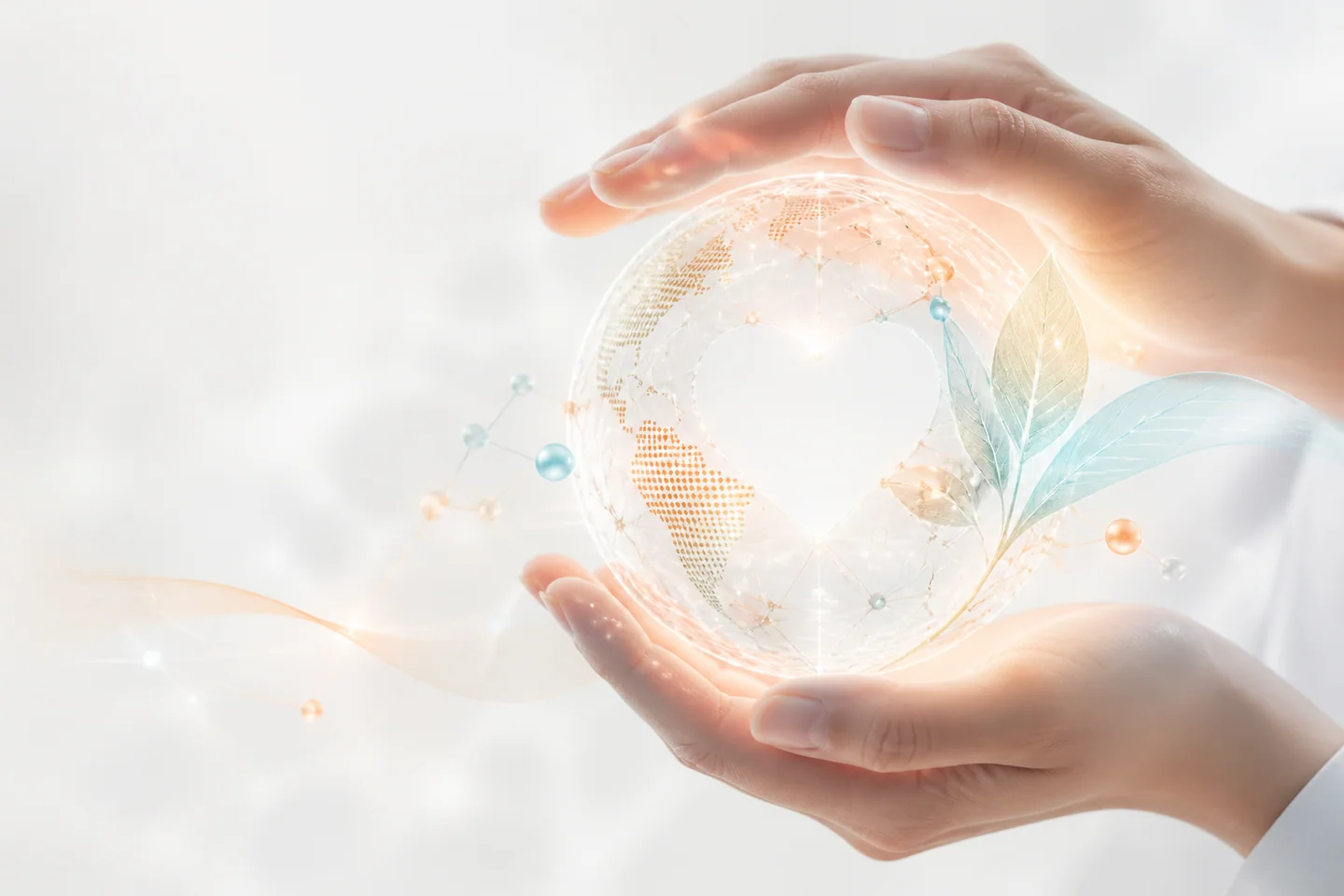 Hands protecting a luminous healthcare globe with a leaf